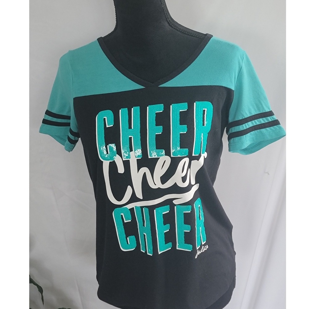 Justice Girls Cheer T-Shirt Black Teal Sequin Graphic Active Top Size 14/16